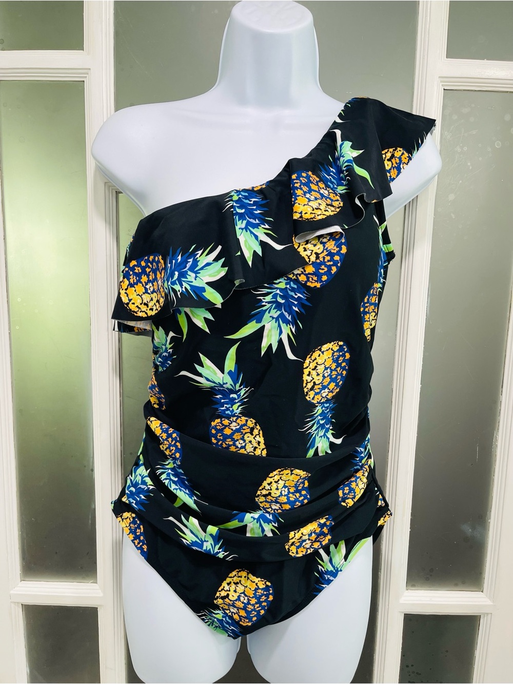 One-Shoulder Pineapple Print Swim One-Piece - Black & Yellow